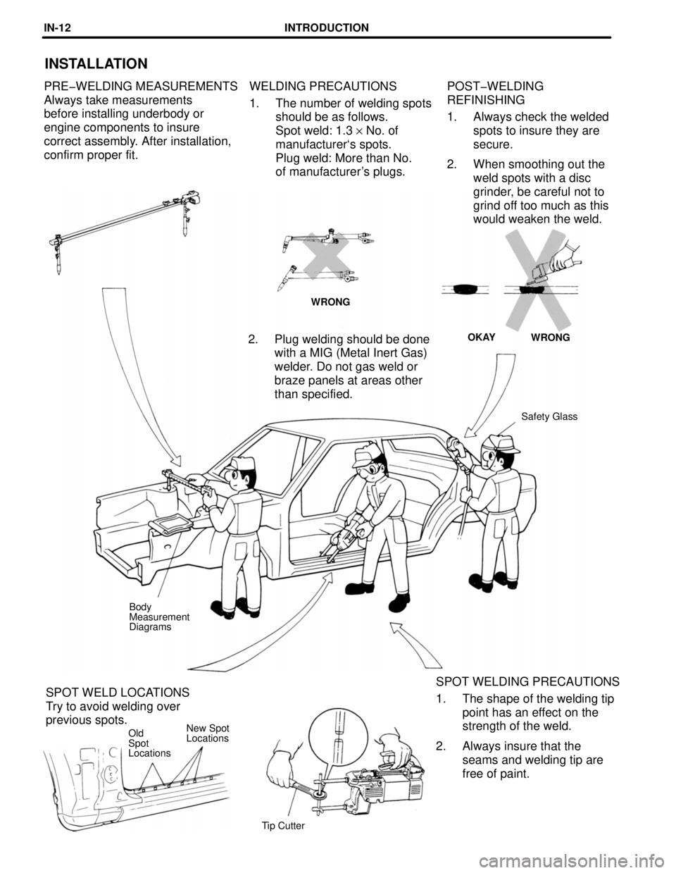 TOYOTA RAV4 1996 Service Repair Manual New Spot
Locations
POST-WELDING
REFINISHING
1. Always check the welded
spots to insure they are
secure.
2. When smoothing out the
weld spots with a disc
grinder, be careful not to
grind off too much TOYOTA RAV4 1996 Service Repair Manual New Spot
Locations
POST-WELDING
REFINISHING
1. Always check the welded
spots to insure they are
secure.
2. When smoothing out the
weld spots with a disc
grinder, be careful not to
grind off too much