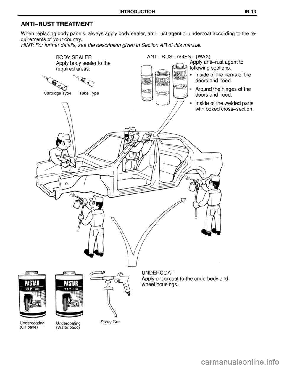 TOYOTA RAV4 1996 Service Repair Manual ANTI-RUST TREATMENT
When replacing body panels, always apply body sealer, anti-rust agent or undercoat according to the reœ
quirements of your country.
HINT: For further details, see the description TOYOTA RAV4 1996 Service Repair Manual ANTI-RUST TREATMENT
When replacing body panels, always apply body sealer, anti-rust agent or undercoat according to the reœ
quirements of your country.
HINT: For further details, see the description