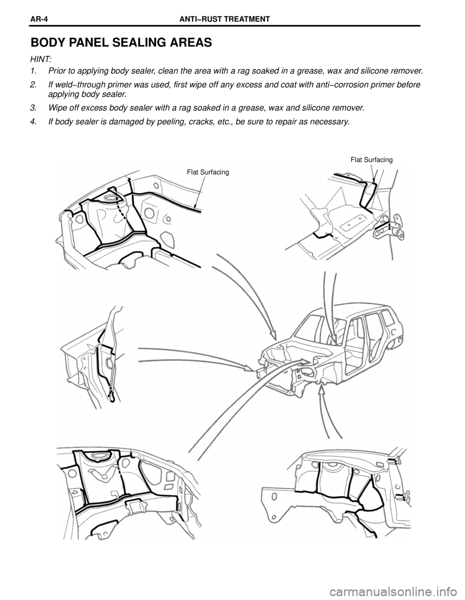 TOYOTA RAV4 1996  Service Repair Manual BODY PANEL SEALING AREAS
HINT:
1. Prior to applying body sealer, clean the area with a rag soaked in a grease, wax and silicone remover.
2. If weld-through primer was used, first wipe off any excess a