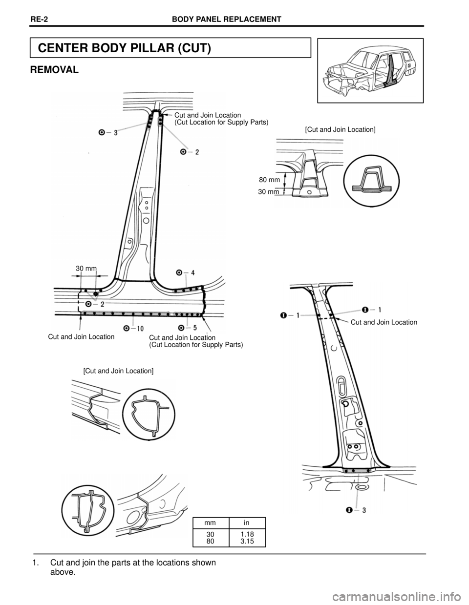 TOYOTA RAV4 1996  Service Repair Manual mm in
30
801.18
3.15
CENTER BODY PILLAR (CUT)
REMOVAL
Cut and Join Location
(Cut Location for Supply Parts)
[Cut and Join Location]
80 mm
30 mm
30 mm
Cut and Join Location
Cut and Join Location
Cut an