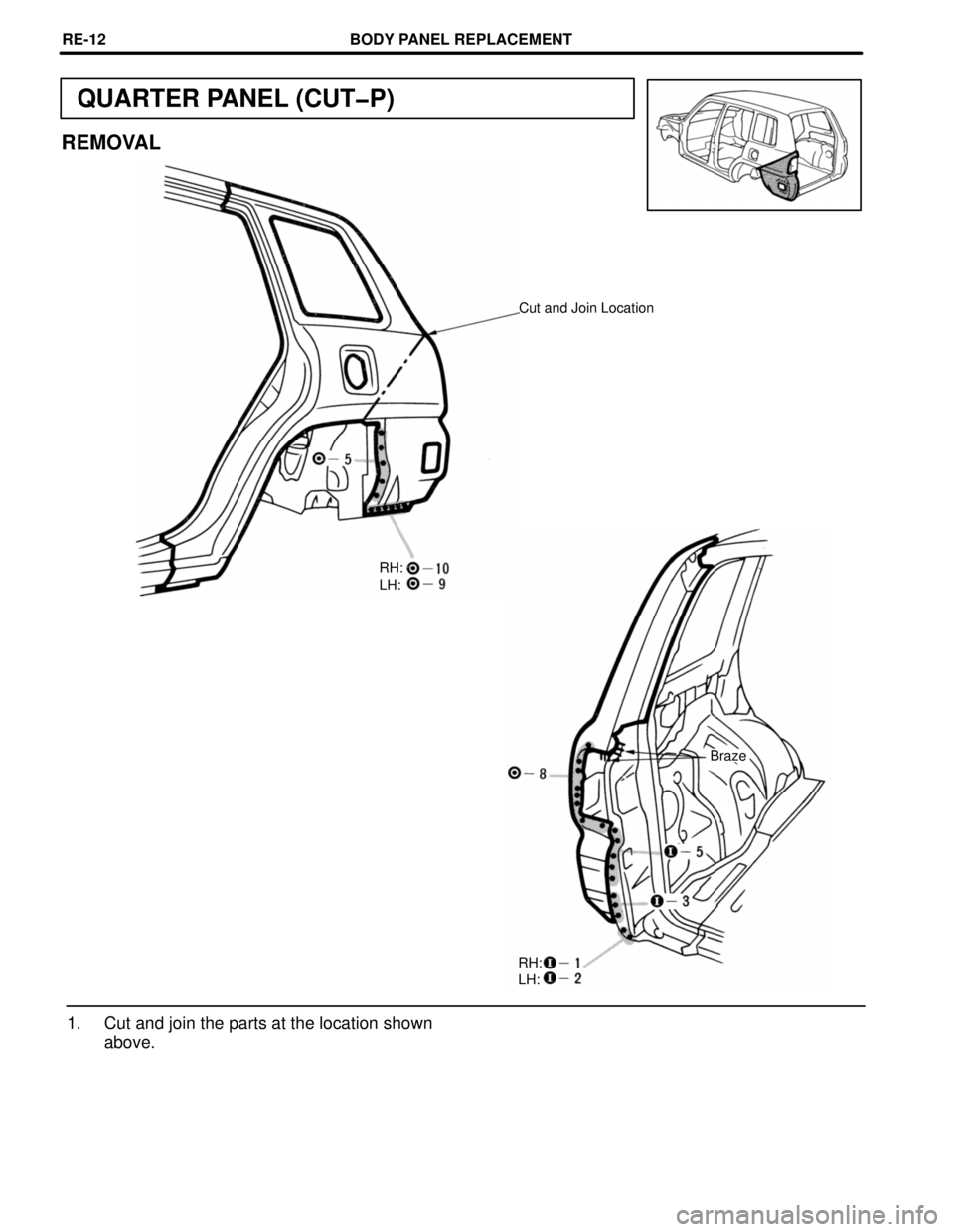 TOYOTA RAV4 1996  Service Repair Manual QUARTER PANEL (CUT-P)
REMOVAL
Cut and Join Location
RH:
LH:
Braze
RH:
LH:
1. Cut and join the parts at the location shown
above.
BODY PANEL REPLACEMENTREœ12 