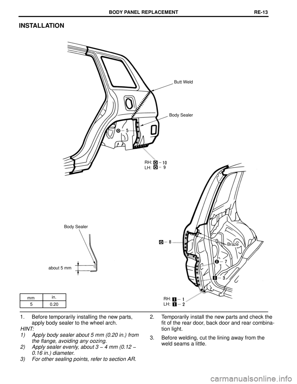 TOYOTA RAV4 1996  Service Repair Manual mmin.
5
0.20Braze
INSTALLATION
Butt Weld
Body Sealer
RH:
LH:
Body Sealer
about 5 mm
RH:
LH:
1. Before temporarily installing the new parts,
apply body sealer to the wheel arch.
HINT:
1) Apply body sea