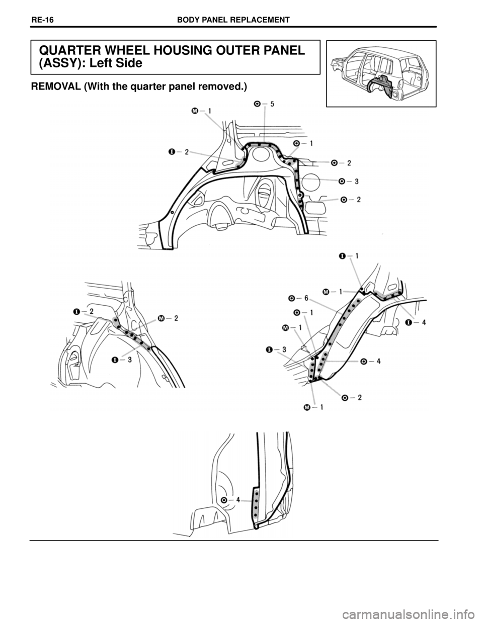 TOYOTA RAV4 1996  Service Repair Manual QUARTER WHEEL HOUSING OUTER PANEL
(ASSY): Left Side
REMOVAL (With the quarter panel removed.)
BODY PANEL REPLACEMENTREœ16 