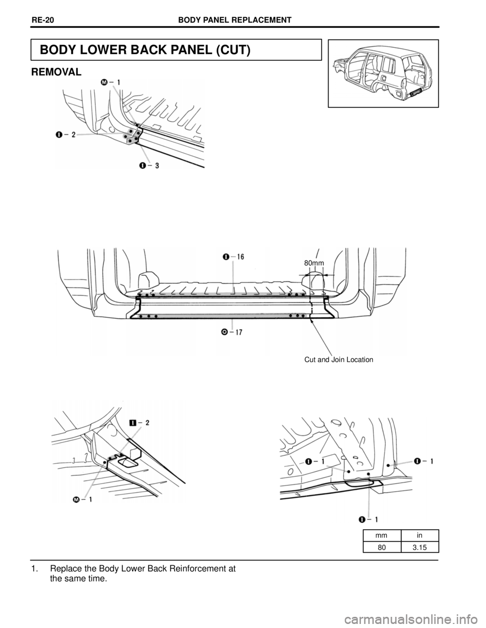 TOYOTA RAV4 1996  Service Repair Manual mm in
80 3.15
BODY LOWER BACK PANEL (CUT)
REMOVAL
80mm
Cut and Join Location
1. Replace the Body Lower Back Reinforcement at
the same time.
BODY PANEL REPLACEMENTREœ20 