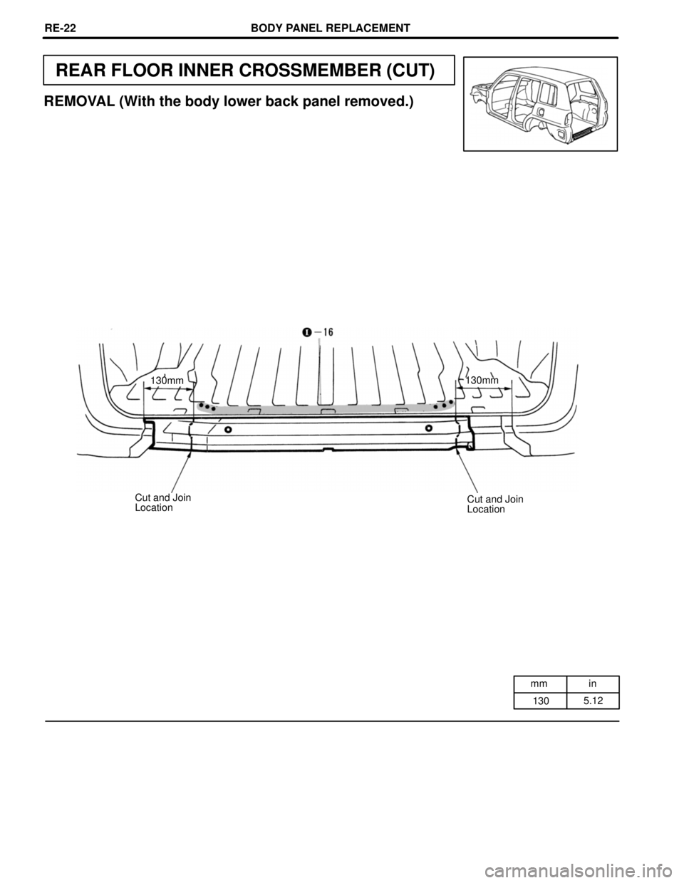 TOYOTA RAV4 1996  Service Repair Manual mm in
1305.12
REAR FLOOR INNER CROSSMEMBER (CUT)
130mm
REMOVAL (With the body lower back panel removed.)
130mm
Cut and Join
Location Cut and Join
Location
BODY PANEL REPLACEMENTREœ22 