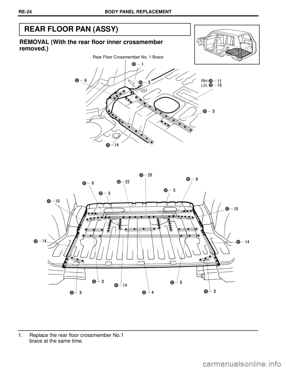 TOYOTA RAV4 1996 Service Repair Manual REAR FLOOR PAN (ASSY)
Rear Floor Crossmember No. 1 Brace
REMOVAL (With the rear floor inner crossmember
removed.)
RH:
LH:
1. Replace the rear floor crossmember No.1
brace at the same time.
BODY PANEL TOYOTA RAV4 1996 Service Repair Manual REAR FLOOR PAN (ASSY)
Rear Floor Crossmember No. 1 Brace
REMOVAL (With the rear floor inner crossmember
removed.)
RH:
LH:
1. Replace the rear floor crossmember No.1
brace at the same time.
BODY PANEL