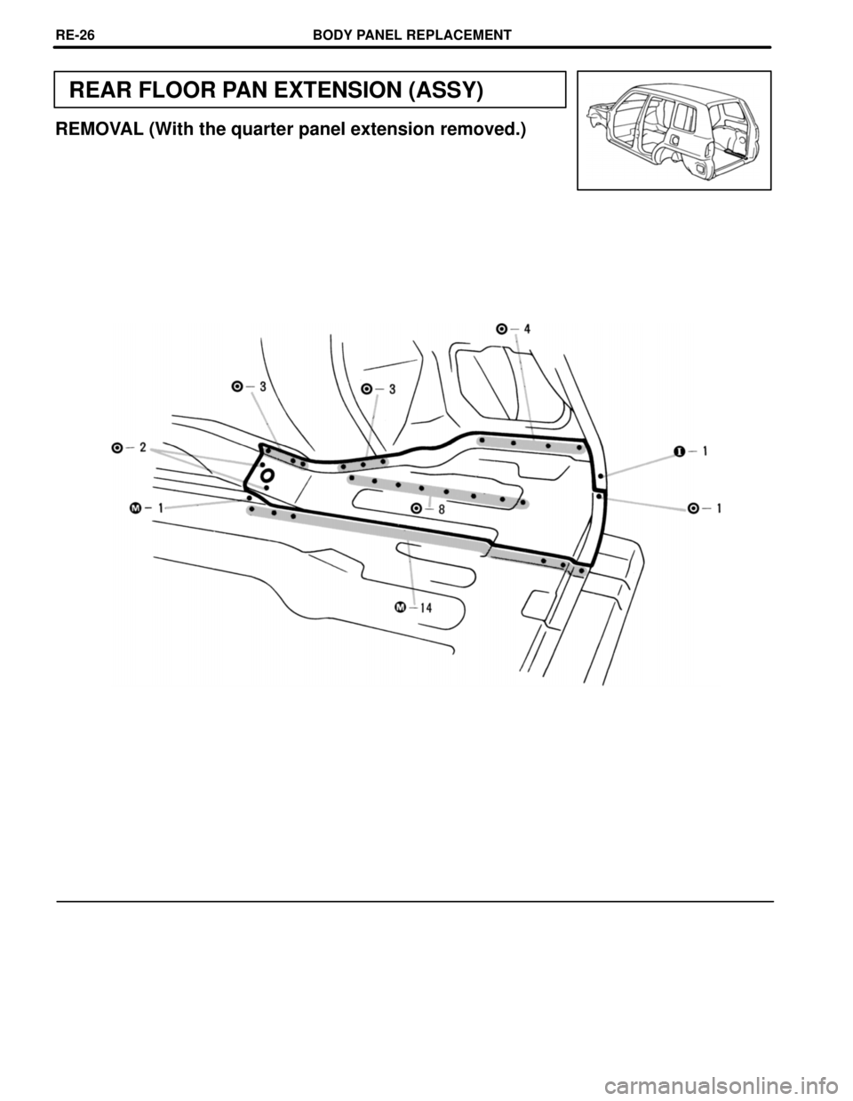 TOYOTA RAV4 1996 Service Repair Manual REAR FLOOR PAN EXTENSION (ASSY)
REMOVAL (With the quarter panel extension removed.)
BODY PANEL REPLACEMENTREœ26 TOYOTA RAV4 1996 Service Repair Manual REAR FLOOR PAN EXTENSION (ASSY)
REMOVAL (With the quarter panel extension removed.)
BODY PANEL REPLACEMENTREœ26