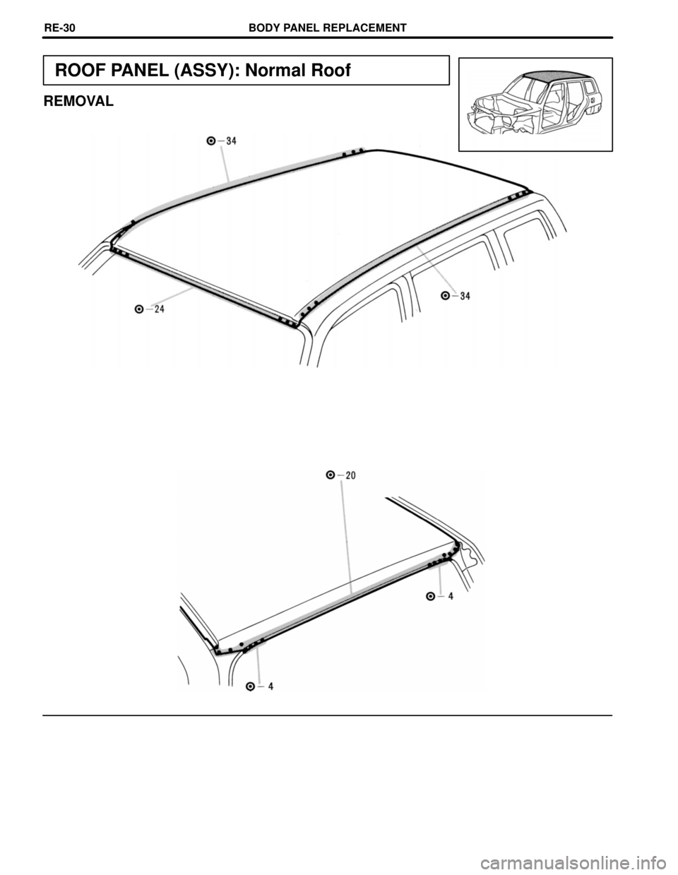 TOYOTA RAV4 1996 Service Repair Manual ROOF PANEL (ASSY): Normal Roof
REMOVAL
BODY PANEL REPLACEMENTREœ30 TOYOTA RAV4 1996 Service Repair Manual ROOF PANEL (ASSY): Normal Roof
REMOVAL
BODY PANEL REPLACEMENTREœ30