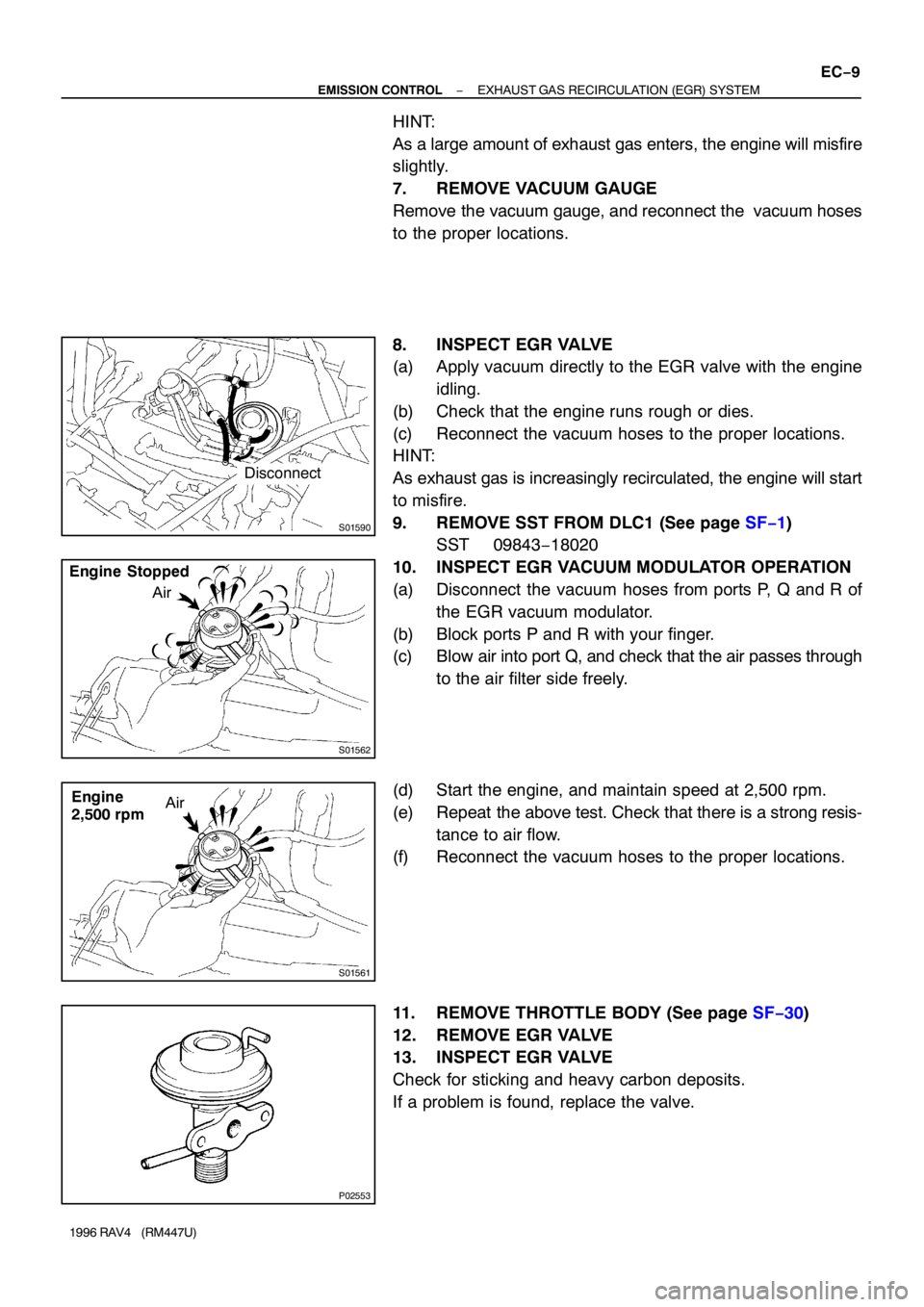 TOYOTA RAV4 1996  Service Repair Manual S01590
Disconnect
S01562
Engine  Stopped
Air
S01561
Engine
2,500 rpmAir
P02553
− EMISSION CONTROLEXHAUST GAS RECIRCULATION (EGR) SYSTEM
EC−9
1996 RAV4   (RM447U)
HINT:
As a large amount of exhaust