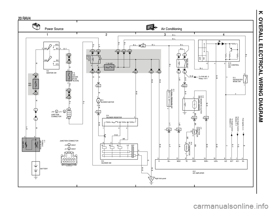 TOYOTA RAV4 1996  Service Repair Manual K  OVERALL ELECTRICAL WIRING DIAGRAM
1
234
20 RAV4
1 AC C
IG 1
IG 2
ST2 AM1
2
AM2
1D 9
1K 4
21D 7
1E 81F 1
1B 84B 74A2
22 1
M 4B 5 4B 1
2IH1 1IH12 1
5 3 66
66
6 EA1
3 IB210
3IG2
11 IB2 4C 7 4C 1 4C 8 