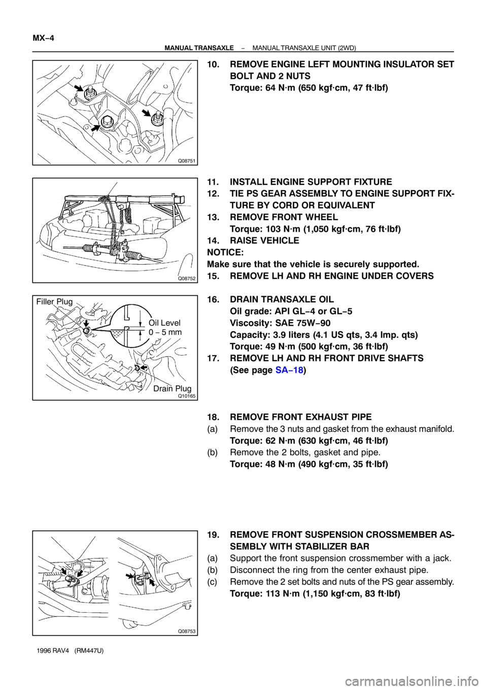 TOYOTA RAV4 1996  Service Repair Manual Q08751
Q08752
Q10165
Filler Plug
Oil Level
0 − 5 mm
Drain Plug
Q08753
MX−4
− MANUAL TRANSAXLEMANUAL TRANSAXLE UNIT (2WD)
1996 RAV4   (RM447U)
10. REMOVE ENGINE LEFT MOUNTING INSULATOR SET
BOLT A