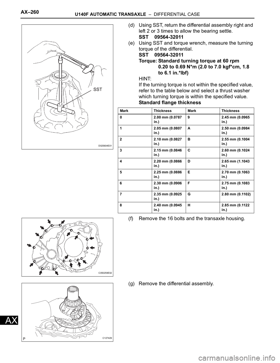 TOYOTA RAV4 2006 Service Repair Manual AX–260U140F AUTOMATIC TRANSAXLE – DIFFERENTIAL CASE
AX
(d) Using SST, return the differential assembly right and
left 2 or 3 times to allow the bearing settle.
SST 09564-32011
(e) Using SST and TOYOTA RAV4 2006 Service Repair Manual AX–260U140F AUTOMATIC TRANSAXLE – DIFFERENTIAL CASE
AX
(d) Using SST, return the differential assembly right and
left 2 or 3 times to allow the bearing settle.
SST 09564-32011
(e) Using SST and