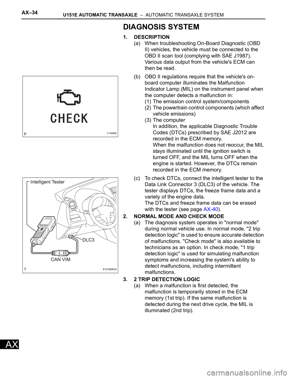 TOYOTA RAV4 2006 Service Repair Manual AX–34U151E AUTOMATIC TRANSAXLE – AUTOMATIC TRANSAXLE SYSTEM
AX
DIAGNOSIS SYSTEM
1. DESCRIPTION
(a) When troubleshooting On-Board Diagnostic (OBD
II) vehicles, the vehicle must be connected to t TOYOTA RAV4 2006 Service Repair Manual AX–34U151E AUTOMATIC TRANSAXLE – AUTOMATIC TRANSAXLE SYSTEM
AX
DIAGNOSIS SYSTEM
1. DESCRIPTION
(a) When troubleshooting On-Board Diagnostic (OBD
II) vehicles, the vehicle must be connected to t