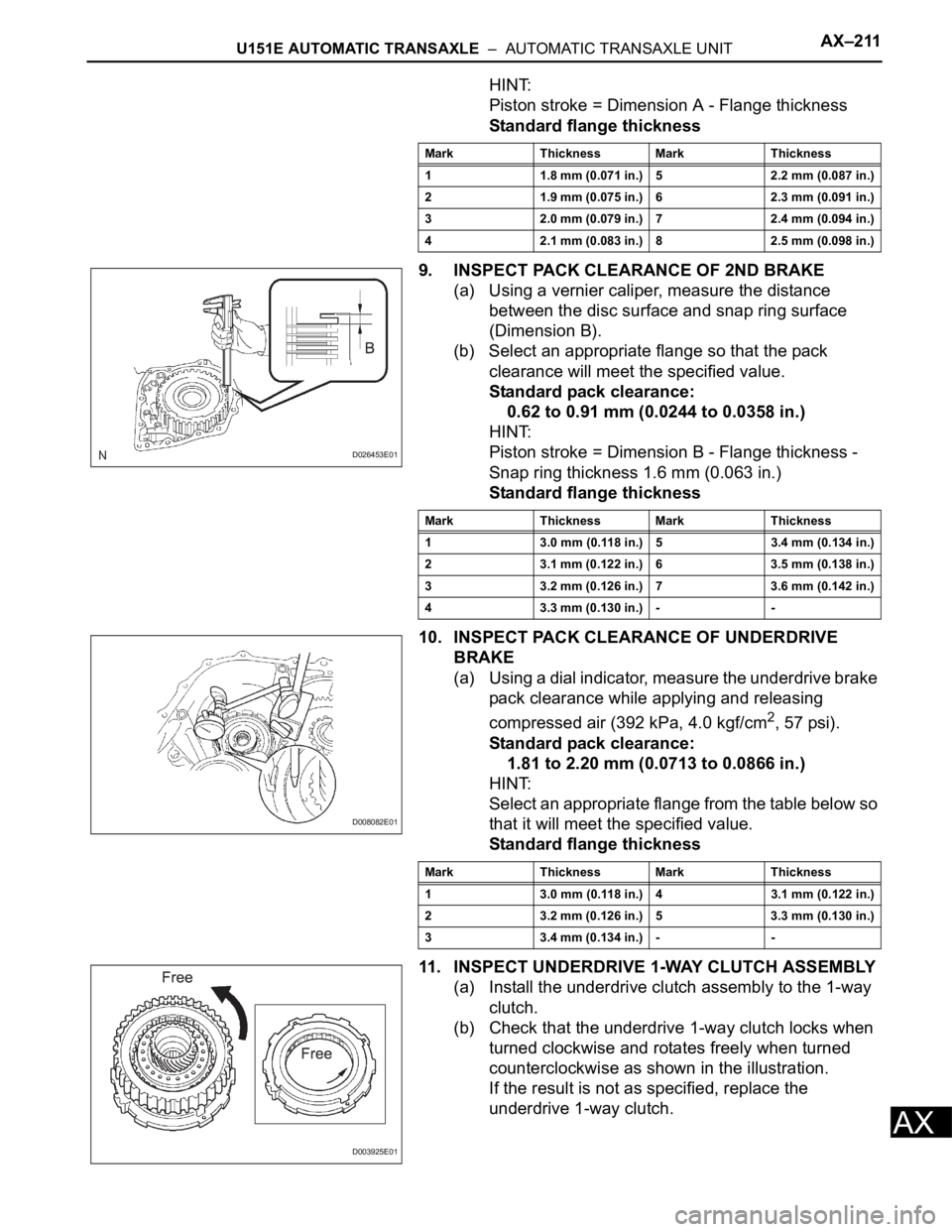 TOYOTA RAV4 2006 Service Repair Manual U151E AUTOMATIC TRANSAXLE – AUTOMATIC TRANSAXLE UNITAX–211
AX
HINT:
Piston stroke = Dimension A - Flange thickness
Standard flange thickness
9. INSPECT PACK CLEARANCE OF 2ND BRAKE
(a) Using a ve TOYOTA RAV4 2006 Service Repair Manual U151E AUTOMATIC TRANSAXLE – AUTOMATIC TRANSAXLE UNITAX–211
AX
HINT:
Piston stroke = Dimension A - Flange thickness
Standard flange thickness
9. INSPECT PACK CLEARANCE OF 2ND BRAKE
(a) Using a ve