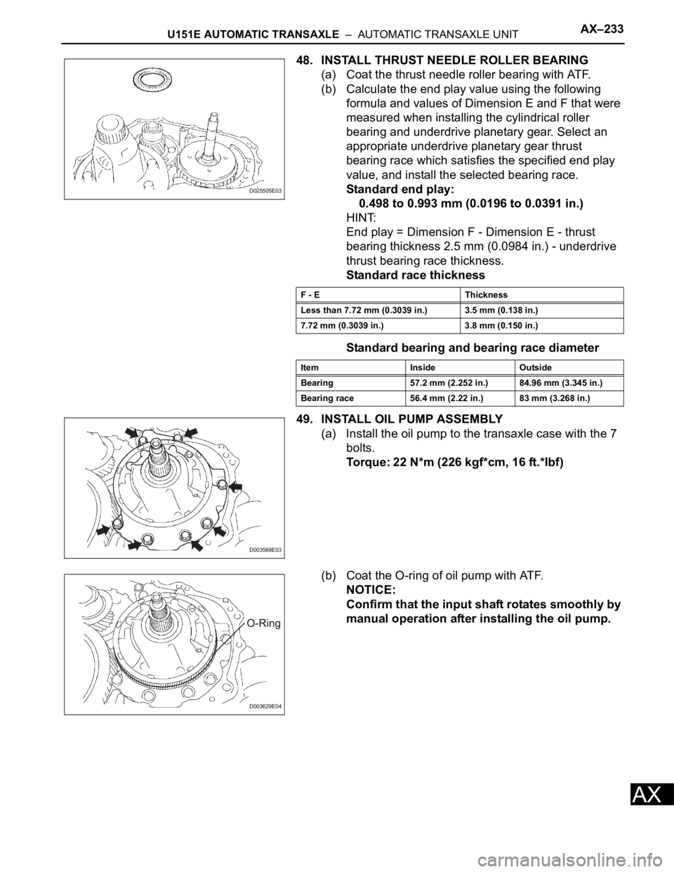 TOYOTA RAV4 2006  Service Repair Manual U151E AUTOMATIC TRANSAXLE  –  AUTOMATIC TRANSAXLE UNITAX–233
AX
48. INSTALL THRUST NEEDLE ROLLER BEARING
(a) Coat the thrust needle roller bearing with ATF.
(b) Calculate the end play value using 
