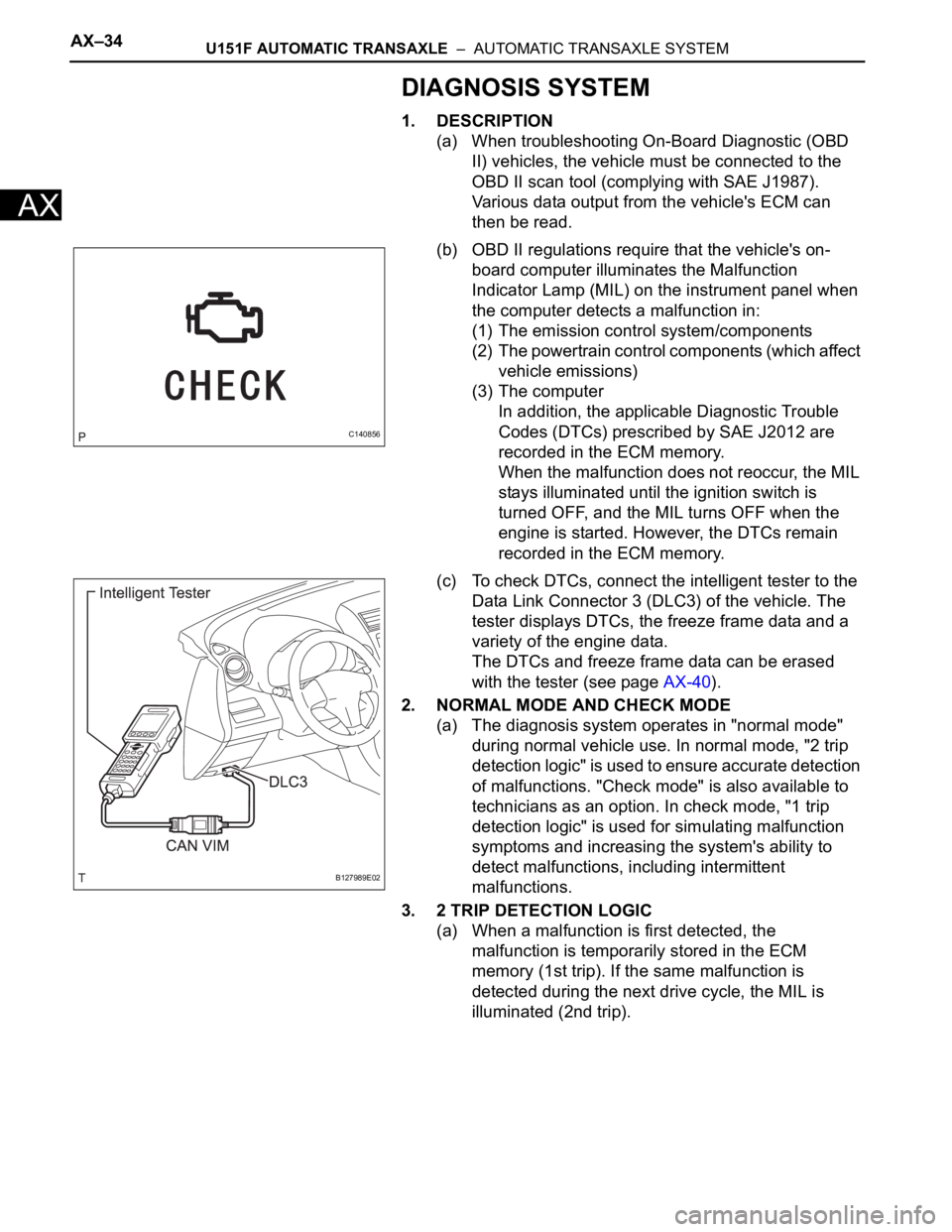 TOYOTA RAV4 2006 Service Repair Manual AX–34U151F AUTOMATIC TRANSAXLE – AUTOMATIC TRANSAXLE SYSTEM
AX
DIAGNOSIS SYSTEM
1. DESCRIPTION
(a) When troubleshooting On-Board Diagnostic (OBD
II) vehicles, the vehicle must be connected to t TOYOTA RAV4 2006 Service Repair Manual AX–34U151F AUTOMATIC TRANSAXLE – AUTOMATIC TRANSAXLE SYSTEM
AX
DIAGNOSIS SYSTEM
1. DESCRIPTION
(a) When troubleshooting On-Board Diagnostic (OBD
II) vehicles, the vehicle must be connected to t