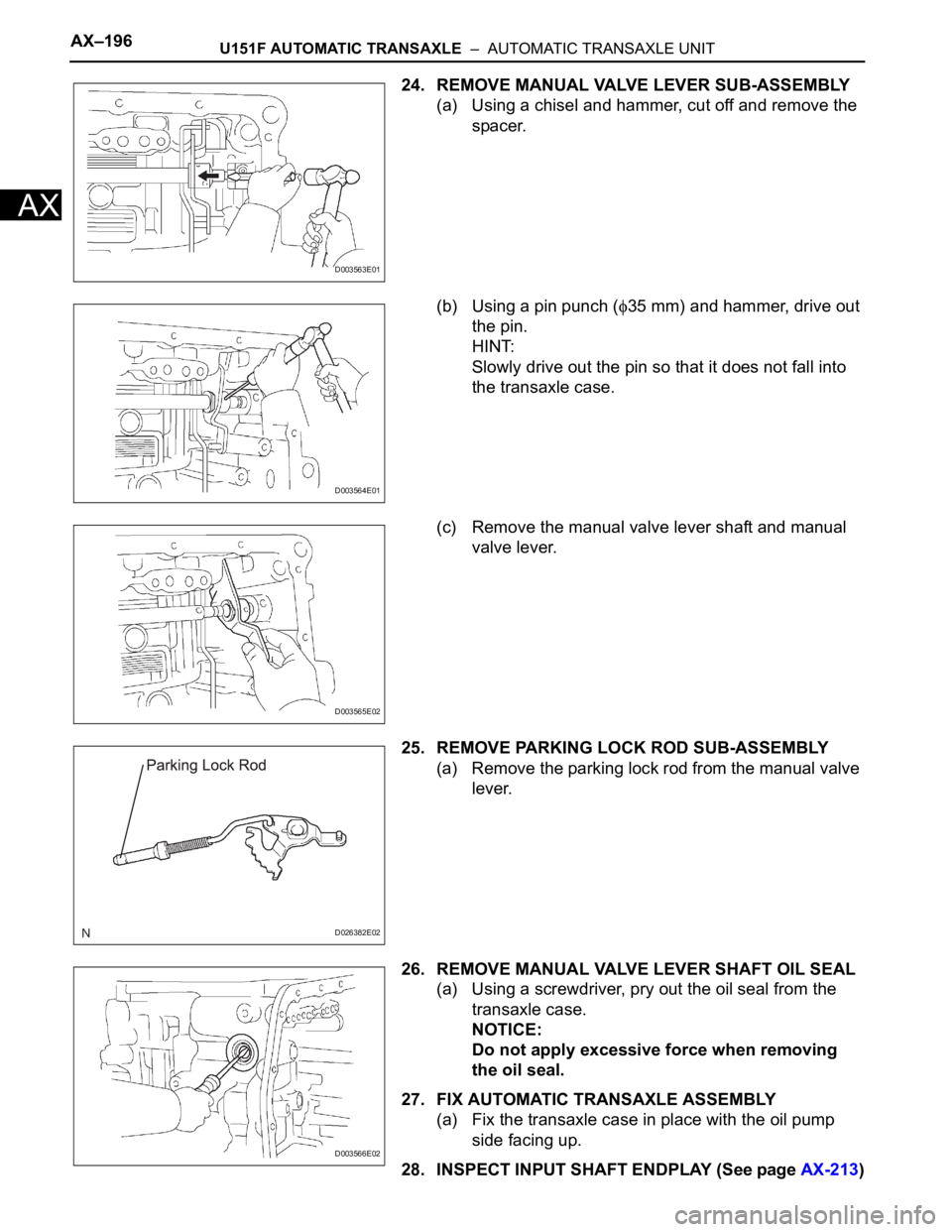 TOYOTA RAV4 2006  Service Repair Manual AX–196U151F AUTOMATIC TRANSAXLE  –  AUTOMATIC TRANSAXLE UNIT
AX
24. REMOVE MANUAL VALVE LEVER SUB-ASSEMBLY
(a) Using a chisel and hammer, cut off and remove the 
spacer.
(b) Using a pin punch (
35