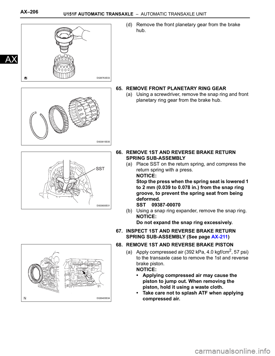 TOYOTA RAV4 2006  Service Repair Manual AX–206U151F AUTOMATIC TRANSAXLE  –  AUTOMATIC TRANSAXLE UNIT
AX
(d) Remove the front planetary gear from the brake 
hub.
65. REMOVE FRONT PLANETARY RING GEAR
(a) Using a screwdriver, remove the sn