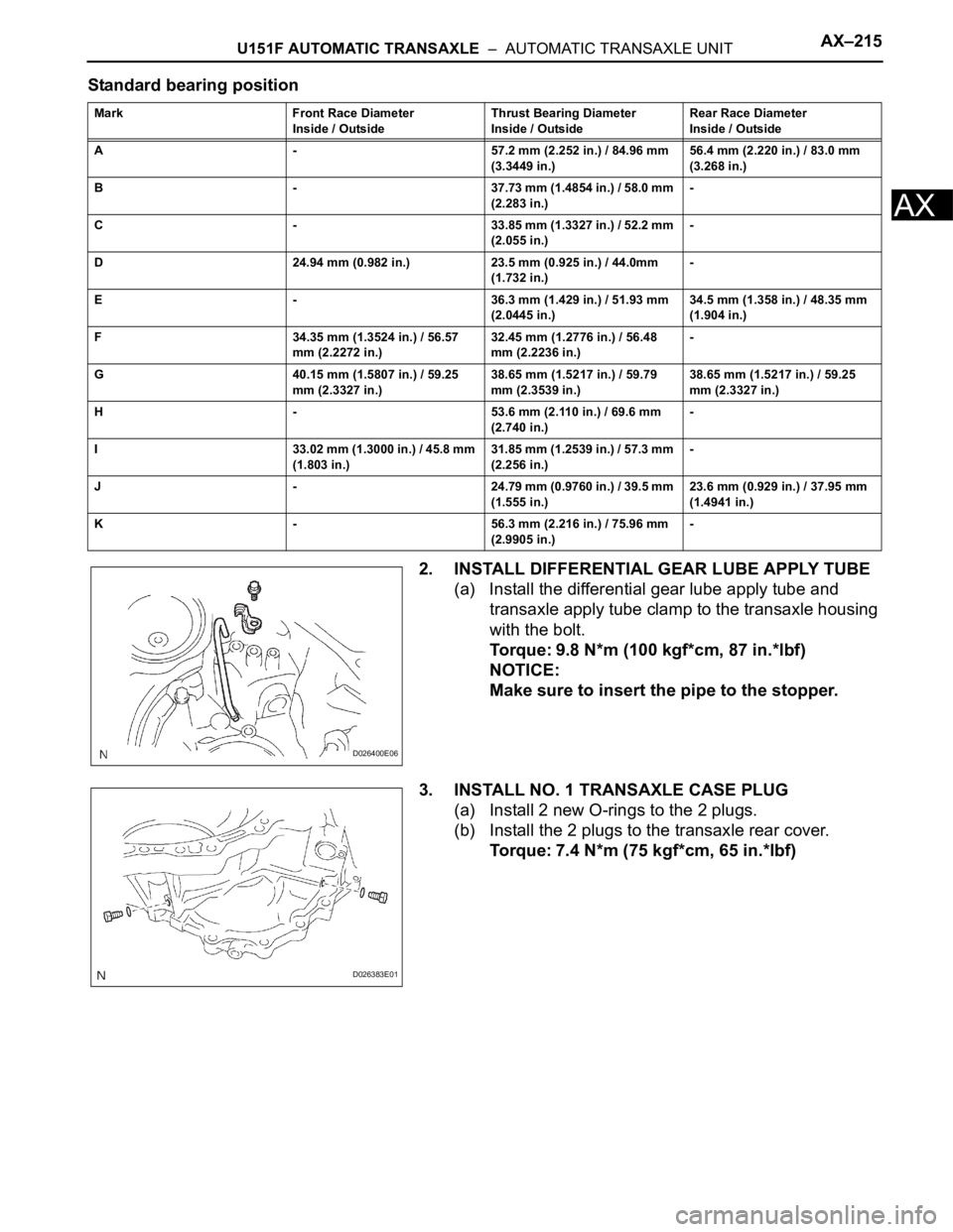 TOYOTA RAV4 2006  Service Repair Manual U151F AUTOMATIC TRANSAXLE  –  AUTOMATIC TRANSAXLE UNITAX–215
AX
Standard bearing position
2. INSTALL DIFFERENTIAL GEAR LUBE APPLY TUBE
(a) Install the differential gear lube apply tube and 
transa