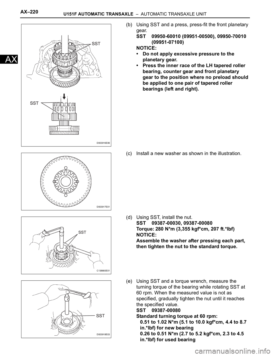 TOYOTA RAV4 2006  Service Repair Manual AX–220U151F AUTOMATIC TRANSAXLE  –  AUTOMATIC TRANSAXLE UNIT
AX
(b) Using SST and a press, press-fit the front planetary 
gear.
SST 09950-60010 (09951-00500), 09950-70010 
(09951-07100)
NOTICE:

