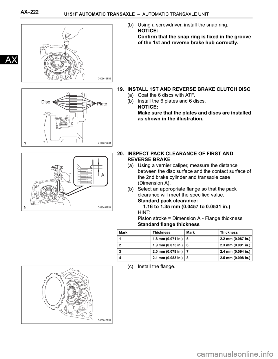 TOYOTA RAV4 2006  Service Repair Manual AX–222U151F AUTOMATIC TRANSAXLE  –  AUTOMATIC TRANSAXLE UNIT
AX
(b) Using a screwdriver, install the snap ring.
NOTICE:
Confirm that the snap ring is fixed in the groove 
of the 1st and reverse br