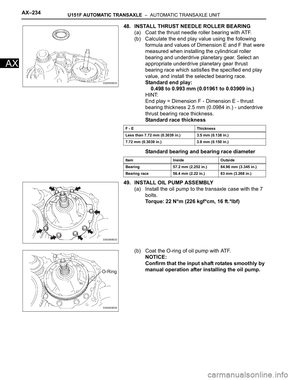 TOYOTA RAV4 2006  Service Repair Manual AX–234U151F AUTOMATIC TRANSAXLE  –  AUTOMATIC TRANSAXLE UNIT
AX
48. INSTALL THRUST NEEDLE ROLLER BEARING
(a) Coat the thrust needle roller bearing with ATF.
(b) Calculate the end play value using 