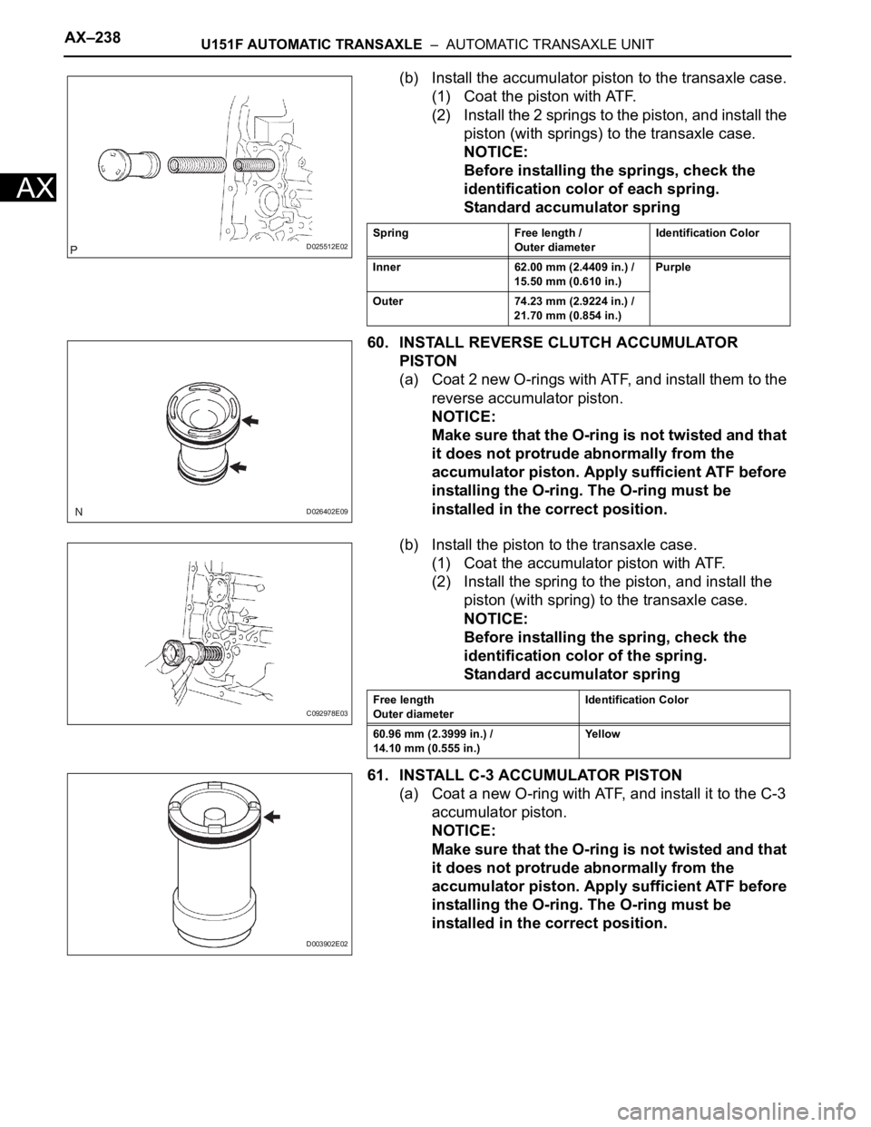 TOYOTA RAV4 2006  Service Repair Manual AX–238U151F AUTOMATIC TRANSAXLE  –  AUTOMATIC TRANSAXLE UNIT
AX
(b) Install the accumulator piston to the transaxle case.
(1) Coat the piston with ATF.
(2) Install the 2 springs to the piston, and