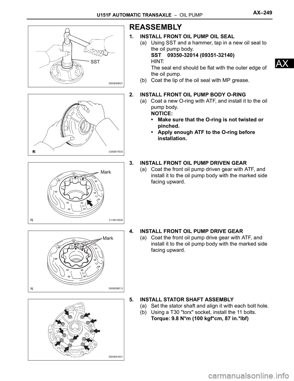 TOYOTA RAV4 2006  Service Repair Manual U151F AUTOMATIC TRANSAXLE  –  OIL PUMPAX–249
AX
REASSEMBLY
1. INSTALL FRONT OIL PUMP OIL SEAL
(a) Using SST and a hammer, tap in a new oil seal to 
the oil pump body.
SST 09350-32014 (09351-32140)
