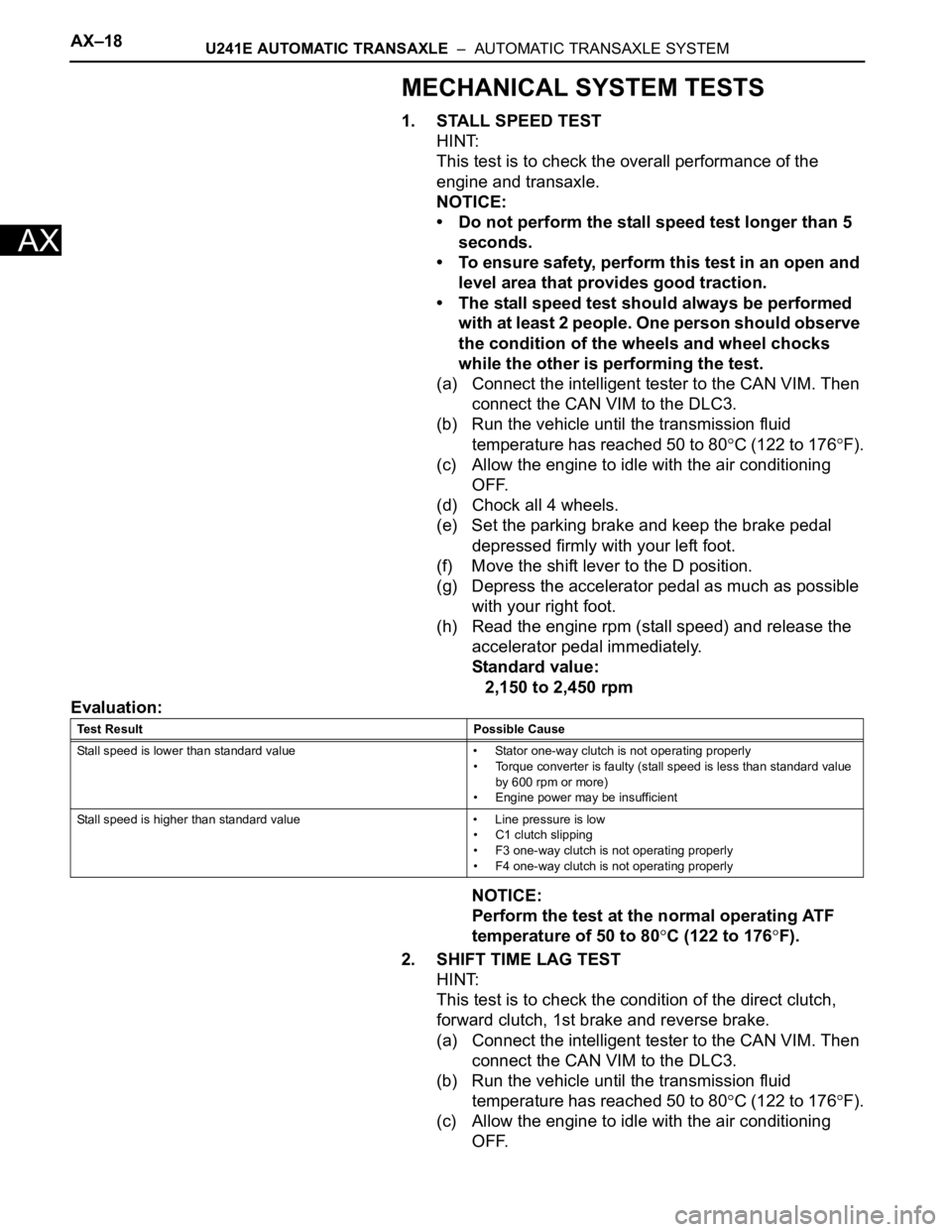 TOYOTA RAV4 2006  Service Repair Manual AX–18U241E AUTOMATIC TRANSAXLE  –  AUTOMATIC TRANSAXLE SYSTEM
AX
MECHANICAL SYSTEM TESTS
1. STALL SPEED TEST
HINT:
This test is to check the overall performance of the 
engine and transaxle.
NOTIC
