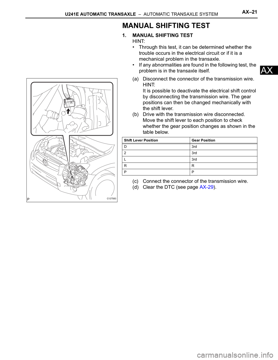 TOYOTA RAV4 2006  Service Repair Manual U241E AUTOMATIC TRANSAXLE  –  AUTOMATIC TRANSAXLE SYSTEMAX–21
AX
MANUAL SHIFTING TEST
1. MANUAL SHIFTING TEST
HINT:
• Through this test, it can be determined whether the 
trouble occurs in the e