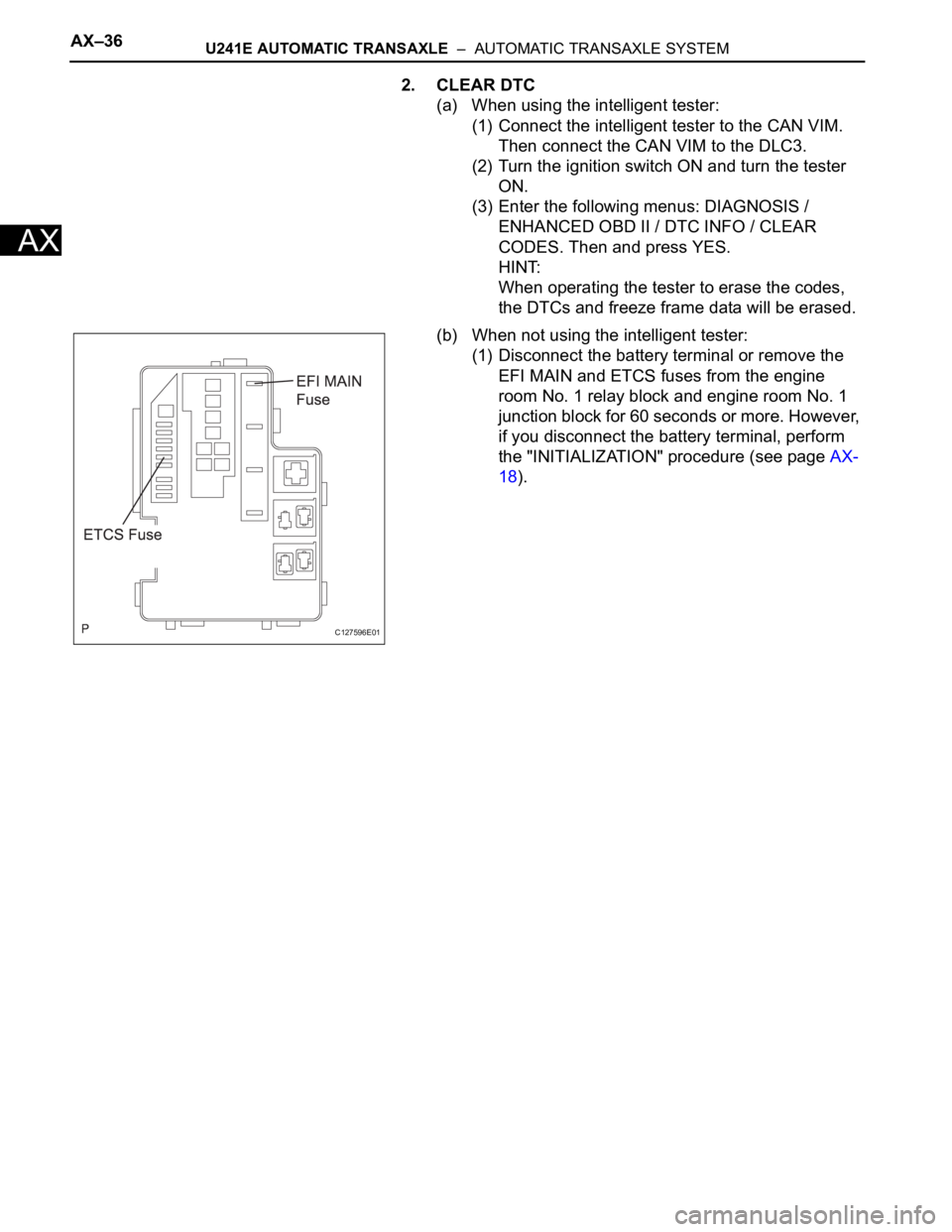 TOYOTA RAV4 2006 Service Repair Manual AX–36U241E AUTOMATIC TRANSAXLE – AUTOMATIC TRANSAXLE SYSTEM
AX
2. CLEAR DTC
(a) When using the intelligent tester:
(1) Connect the intelligent tester to the CAN VIM.
Then connect the CAN VIM to TOYOTA RAV4 2006 Service Repair Manual AX–36U241E AUTOMATIC TRANSAXLE – AUTOMATIC TRANSAXLE SYSTEM
AX
2. CLEAR DTC
(a) When using the intelligent tester:
(1) Connect the intelligent tester to the CAN VIM.
Then connect the CAN VIM to