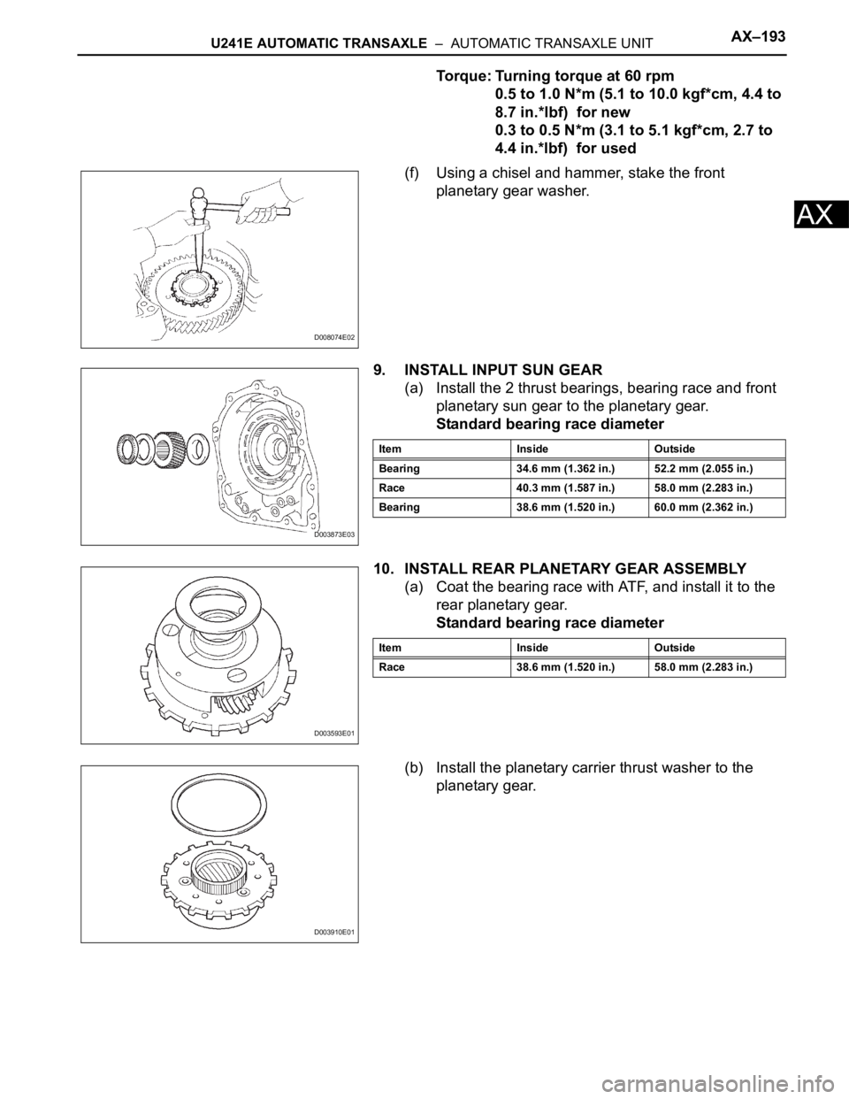 TOYOTA RAV4 2006  Service Repair Manual U241E AUTOMATIC TRANSAXLE  –  AUTOMATIC TRANSAXLE UNITAX–193
AX
Torque: Turning torque at 60 rpm
0.5 to 1.0 N*m (5.1 to 10.0 kgf*cm, 4.4 to 
8.7 in.*lbf)  for new
0.3 to 0.5 N*m (3.1 to 5.1 kgf*cm