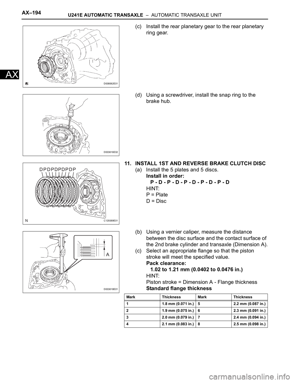 TOYOTA RAV4 2006  Service Repair Manual AX–194U241E AUTOMATIC TRANSAXLE  –  AUTOMATIC TRANSAXLE UNIT
AX
(c) Install the rear planetary gear to the rear planetary 
ring gear.
(d) Using a screwdriver, install the snap ring to the 
brake h