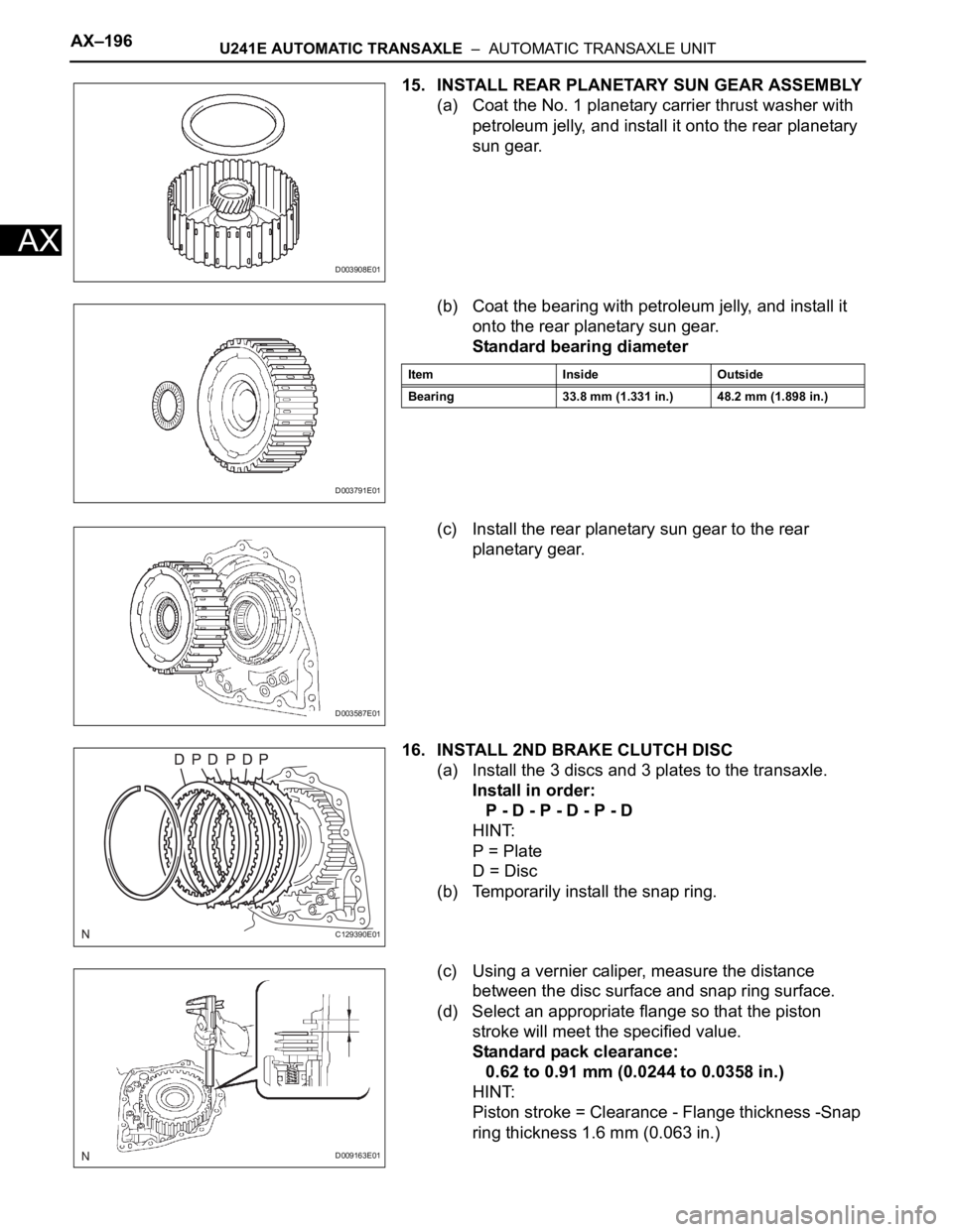 TOYOTA RAV4 2006  Service Repair Manual AX–196U241E AUTOMATIC TRANSAXLE  –  AUTOMATIC TRANSAXLE UNIT
AX
15. INSTALL REAR PLANETARY SUN GEAR ASSEMBLY
(a) Coat the No. 1 planetary carrier thrust washer with 
petroleum jelly, and install i