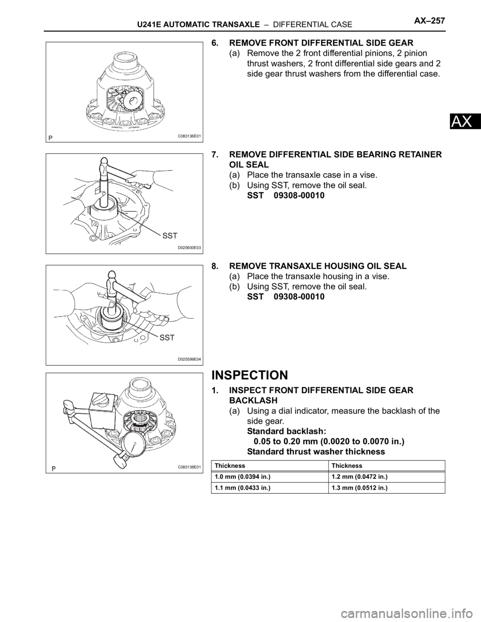 TOYOTA RAV4 2006  Service Repair Manual U241E AUTOMATIC TRANSAXLE  –  DIFFERENTIAL CASEAX–257
AX
6. REMOVE FRONT DIFFERENTIAL SIDE GEAR
(a) Remove the 2 front differential pinions, 2 pinion 
thrust washers, 2 front differential side gea
