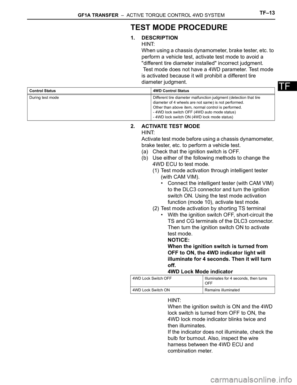 TOYOTA RAV4 2006  Service Repair Manual GF1A TRANSFER  –  ACTIVE TORQUE CONTROL 4WD SYSTEMTF–13
TF
TEST MODE PROCEDURE
1. DESCRIPTION
HINT:
When using a chassis dynamometer, brake tester, etc. to 
perform a vehicle test, activate test m