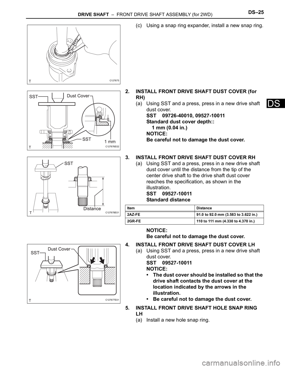 TOYOTA RAV4 2006 Service Repair Manual DRIVE SHAFT – FRONT DRIVE SHAFT ASSEMBLY (for 2WD)DS–25
DS
(c) Using a snap ring expander, install a new snap ring.
2. INSTALL FRONT DRIVE SHAFT DUST COVER (for
RH)
(a) Using SST and a press, p TOYOTA RAV4 2006 Service Repair Manual DRIVE SHAFT – FRONT DRIVE SHAFT ASSEMBLY (for 2WD)DS–25
DS
(c) Using a snap ring expander, install a new snap ring.
2. INSTALL FRONT DRIVE SHAFT DUST COVER (for
RH)
(a) Using SST and a press, p