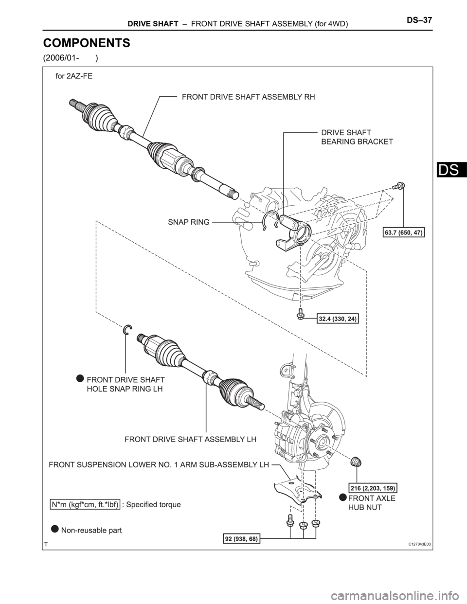 TOYOTA RAV4 2006 Service Repair Manual DRIVE SHAFT – FRONT DRIVE SHAFT ASSEMBLY (for 4WD)DS–37
DS
COMPONENTS
(2006/01- )
C127043E03 TOYOTA RAV4 2006 Service Repair Manual DRIVE SHAFT – FRONT DRIVE SHAFT ASSEMBLY (for 4WD)DS–37
DS
COMPONENTS
(2006/01- )
C127043E03