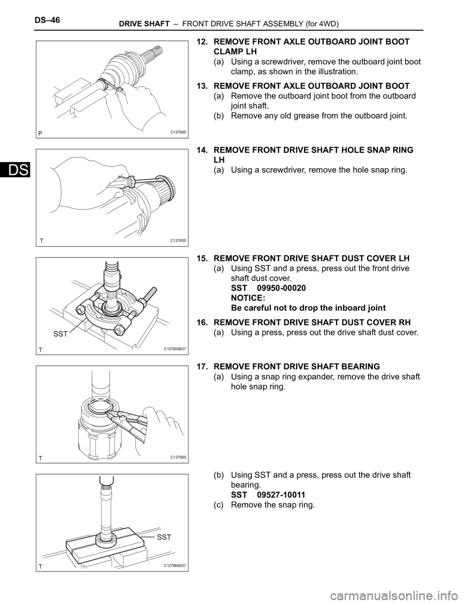 TOYOTA RAV4 2006 Service Repair Manual DS–46DRIVE SHAFT – FRONT DRIVE SHAFT ASSEMBLY (for 4WD)
DS
12. REMOVE FRONT AXLE OUTBOARD JOINT BOOT
CLAMP LH
(a) Using a screwdriver, remove the outboard joint boot
clamp, as shown in the ill TOYOTA RAV4 2006 Service Repair Manual DS–46DRIVE SHAFT – FRONT DRIVE SHAFT ASSEMBLY (for 4WD)
DS
12. REMOVE FRONT AXLE OUTBOARD JOINT BOOT
CLAMP LH
(a) Using a screwdriver, remove the outboard joint boot
clamp, as shown in the ill