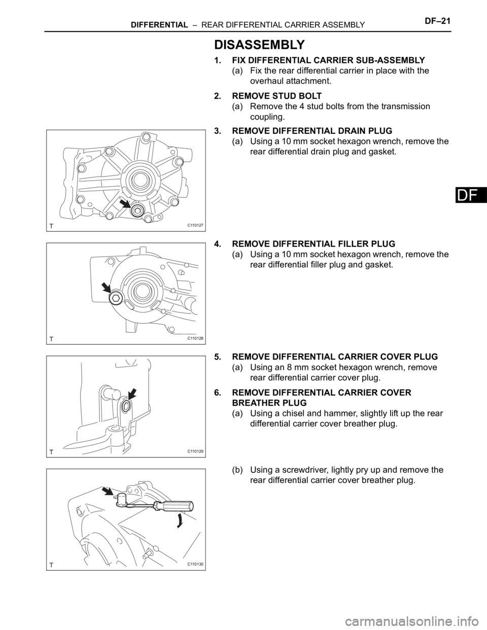 TOYOTA RAV4 2006  Service Repair Manual DIFFERENTIAL  –  REAR DIFFERENTIAL CARRIER ASSEMBLYDF–21
DF
DISASSEMBLY
1. FIX DIFFERENTIAL CARRIER SUB-ASSEMBLY
(a) Fix the rear differential carrier in place with the 
overhaul attachment.
2. RE