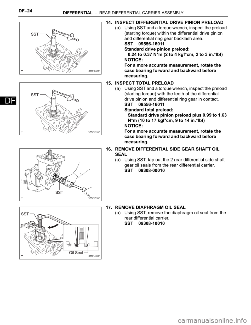 TOYOTA RAV4 2006  Service Repair Manual DF–24DIFFERENTIAL  –  REAR DIFFERENTIAL CARRIER ASSEMBLY
DF
14. INSPECT DIFFERENTIAL DRIVE PINION PRELOAD
(a) Using SST and a torque wrench, inspect the preload 
(starting torque) within the diffe