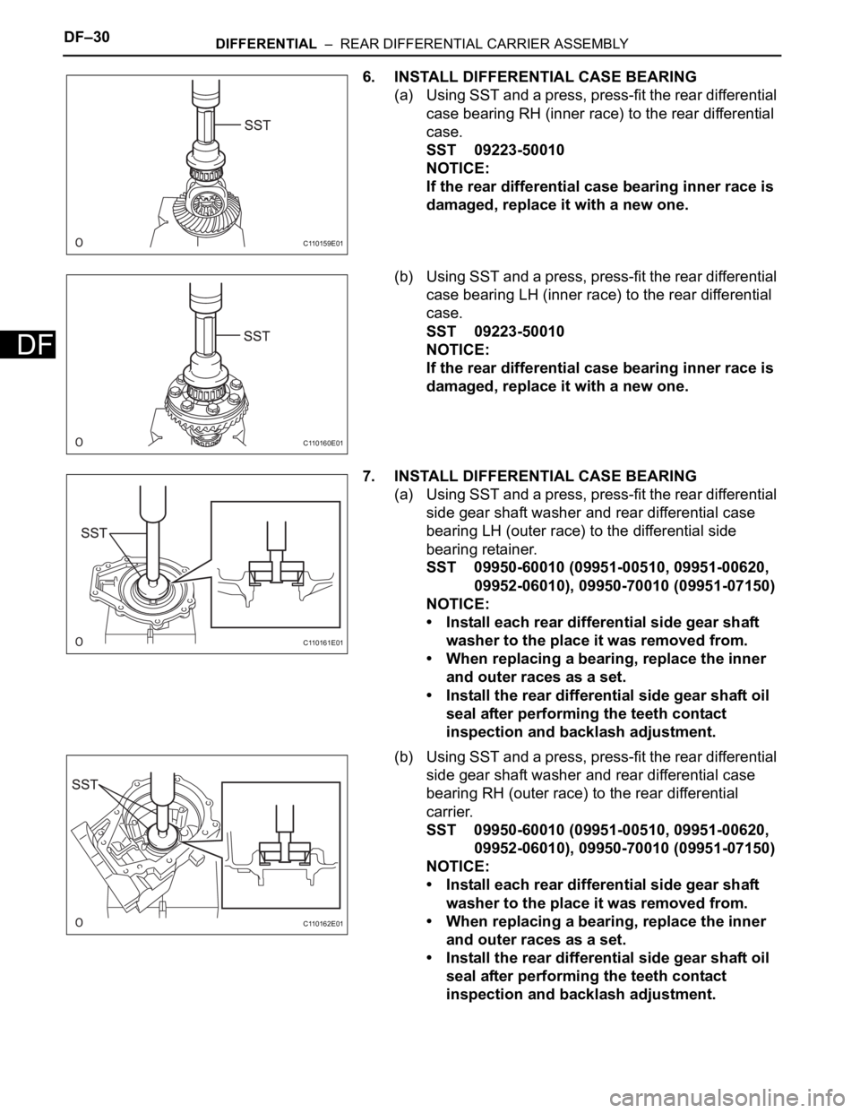 TOYOTA RAV4 2006  Service Repair Manual DF–30DIFFERENTIAL  –  REAR DIFFERENTIAL CARRIER ASSEMBLY
DF
6. INSTALL DIFFERENTIAL CASE BEARING
(a) Using SST and a press, press-fit the rear differential 
case bearing RH (inner race) to the rea