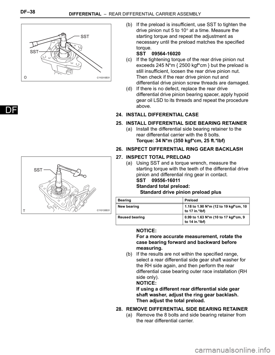 TOYOTA RAV4 2006  Service Repair Manual DF–38DIFFERENTIAL  –  REAR DIFFERENTIAL CARRIER ASSEMBLY
DF
(b) If the preload is insufficient, use SST to tighten the 
drive pinion nut 5 to 10
 at a time. Measure the 
starting torque and repeat