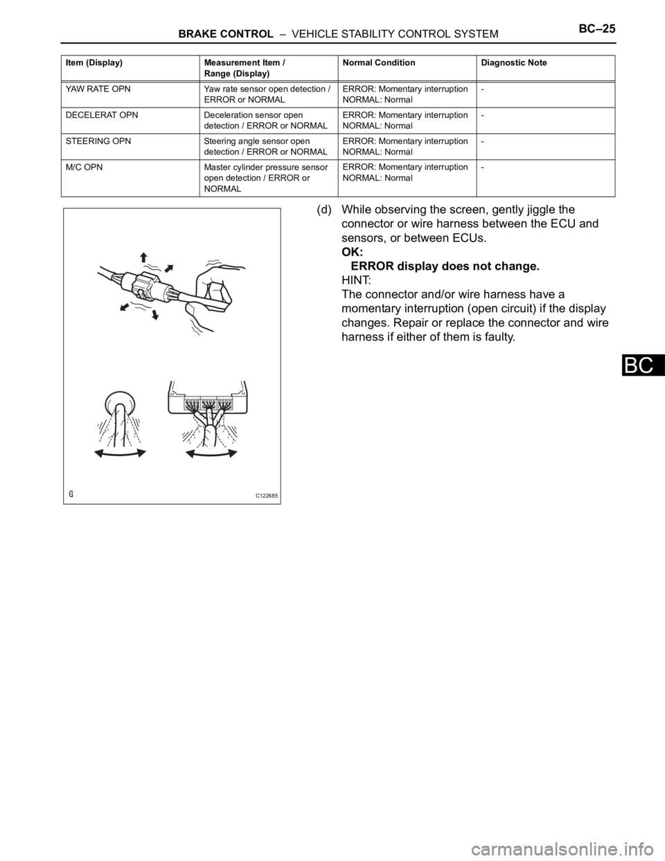 TOYOTA RAV4 2006 Service Repair Manual BRAKE CONTROL – VEHICLE STABILITY CONTROL SYSTEMBC–25
BC
(d) While observing the screen, gently jiggle the
connector or wire harness between the ECU and
sensors, or between ECUs.
OK:
ERROR dis TOYOTA RAV4 2006 Service Repair Manual BRAKE CONTROL – VEHICLE STABILITY CONTROL SYSTEMBC–25
BC
(d) While observing the screen, gently jiggle the
connector or wire harness between the ECU and
sensors, or between ECUs.
OK:
ERROR dis