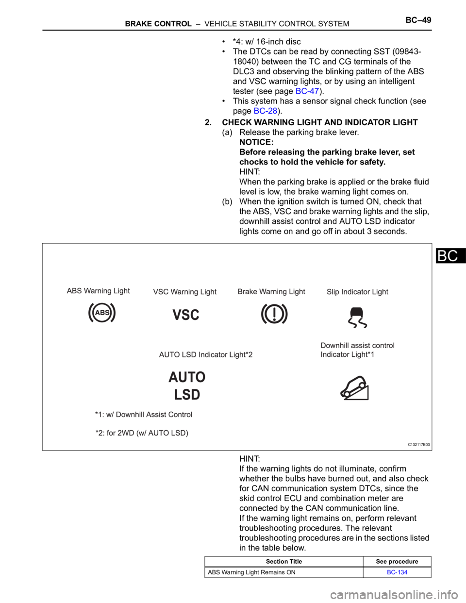 TOYOTA RAV4 2006 Service Repair Manual BRAKE CONTROL – VEHICLE STABILITY CONTROL SYSTEMBC–49
BC
• *4: w/ 16-inch disc
• The DTCs can be read by connecting SST (09843-
18040) between the TC and CG terminals of the
DLC3 and observ TOYOTA RAV4 2006 Service Repair Manual BRAKE CONTROL – VEHICLE STABILITY CONTROL SYSTEMBC–49
BC
• *4: w/ 16-inch disc
• The DTCs can be read by connecting SST (09843-
18040) between the TC and CG terminals of the
DLC3 and observ