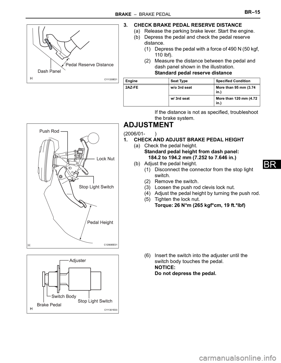 TOYOTA RAV4 2006  Service Repair Manual BRAKE  –  BRAKE PEDALBR–15
BR
3. CHECK BRAKE PEDAL RESERVE DISTANCE
(a) Release the parking brake lever. Start the engine.
(b) Depress the pedal and check the pedal reserve 
distance.
(1) Depress 