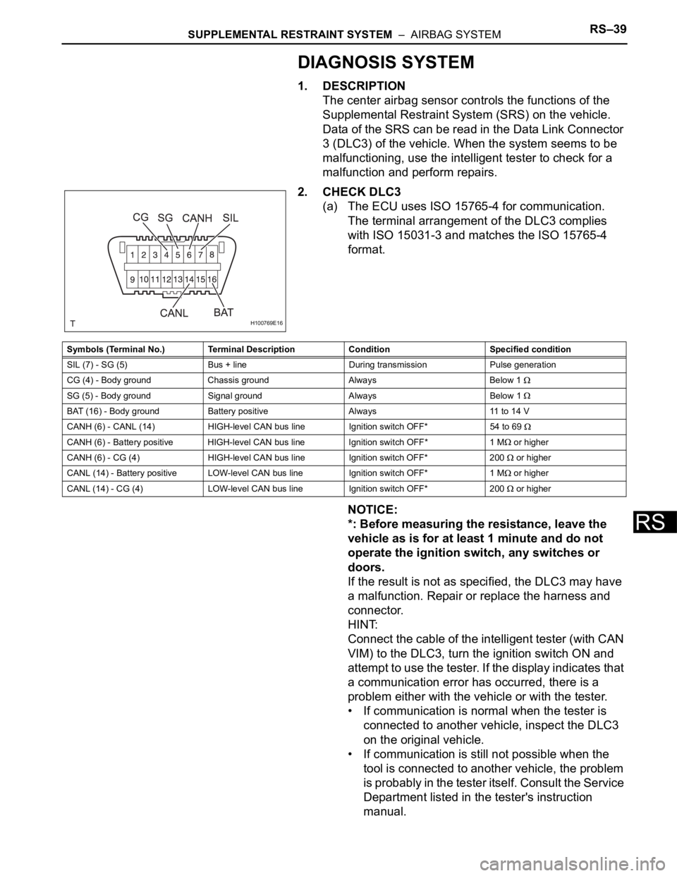 TOYOTA RAV4 2006 Service Repair Manual SUPPLEMENTAL RESTRAINT SYSTEM – AIRBAG SYSTEMRS–39
RS
DIAGNOSIS SYSTEM
1. DESCRIPTION
The center airbag sensor controls the functions of the
Supplemental Restraint System (SRS) on the vehicle. TOYOTA RAV4 2006 Service Repair Manual SUPPLEMENTAL RESTRAINT SYSTEM – AIRBAG SYSTEMRS–39
RS
DIAGNOSIS SYSTEM
1. DESCRIPTION
The center airbag sensor controls the functions of the
Supplemental Restraint System (SRS) on the vehicle.