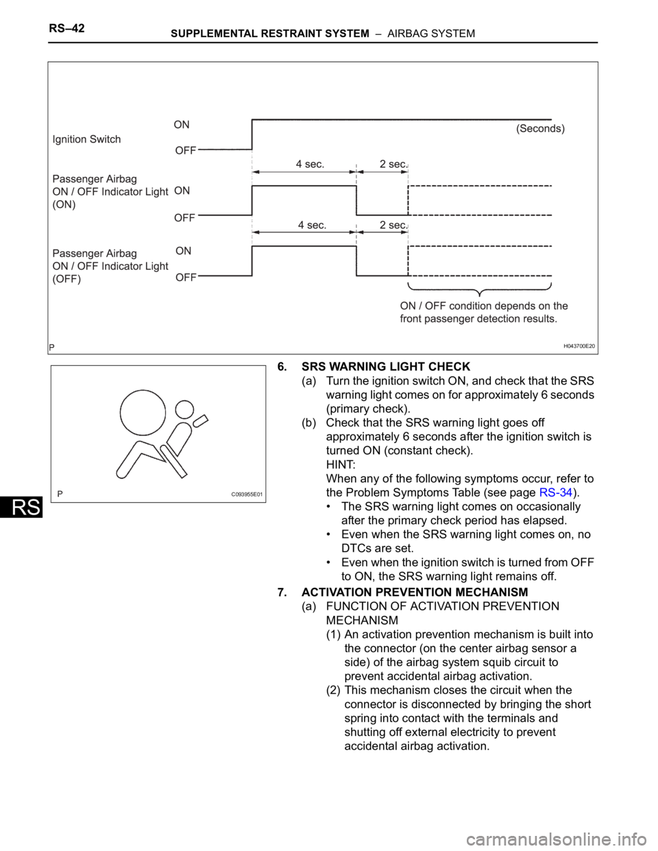 TOYOTA RAV4 2006 Service Repair Manual RS–42SUPPLEMENTAL RESTRAINT SYSTEM – AIRBAG SYSTEM
RS
6. SRS WARNING LIGHT CHECK
(a) Turn the ignition switch ON, and check that the SRS
warning light comes on for approximately 6 seconds
(pri TOYOTA RAV4 2006 Service Repair Manual RS–42SUPPLEMENTAL RESTRAINT SYSTEM – AIRBAG SYSTEM
RS
6. SRS WARNING LIGHT CHECK
(a) Turn the ignition switch ON, and check that the SRS
warning light comes on for approximately 6 seconds
(pri