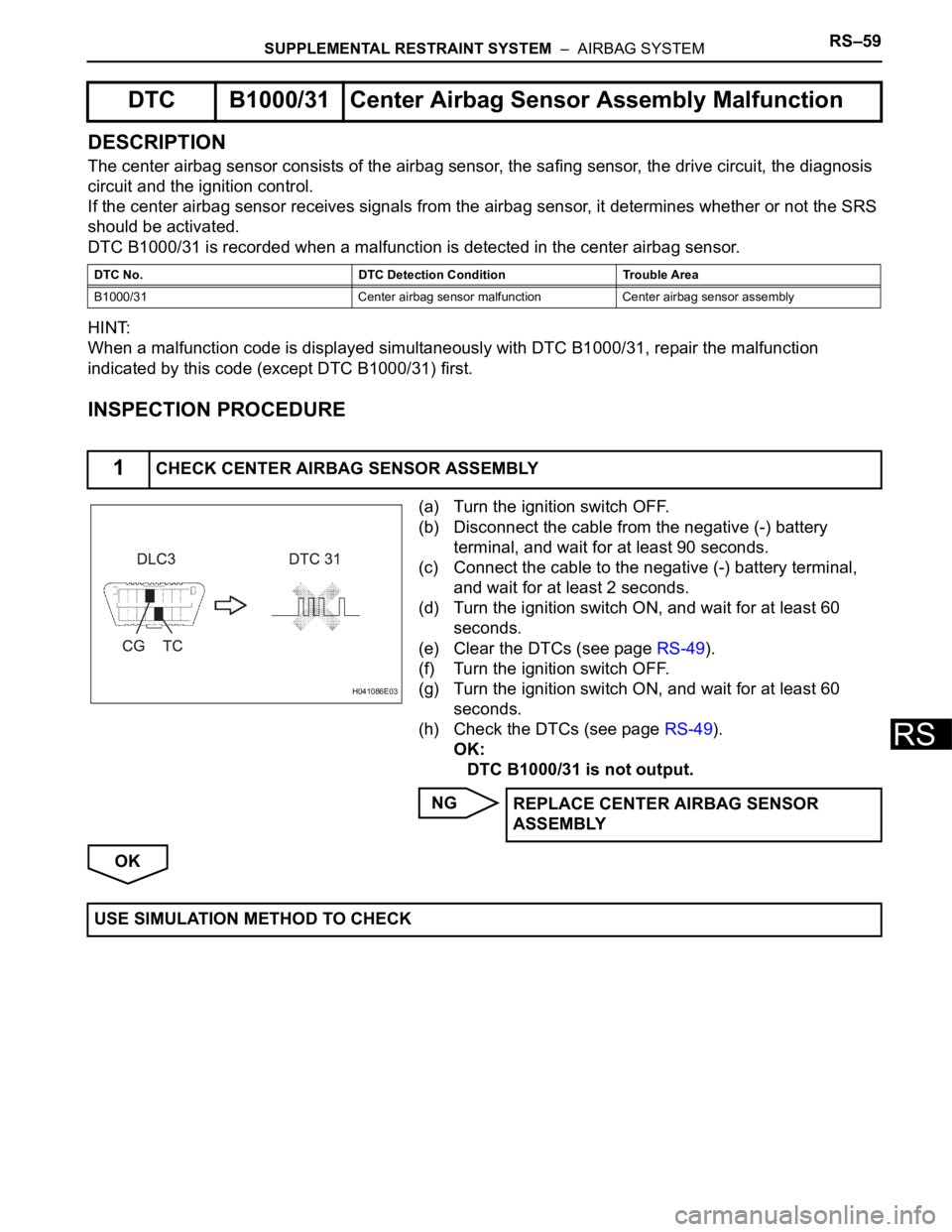 TOYOTA RAV4 2006 Service Repair Manual SUPPLEMENTAL RESTRAINT SYSTEM – AIRBAG SYSTEMRS–59
RS
DESCRIPTION
The center airbag sensor consists of the airbag sensor, the safing sensor, the drive circuit, the diagnosis
circuit and the ign TOYOTA RAV4 2006 Service Repair Manual SUPPLEMENTAL RESTRAINT SYSTEM – AIRBAG SYSTEMRS–59
RS
DESCRIPTION
The center airbag sensor consists of the airbag sensor, the safing sensor, the drive circuit, the diagnosis
circuit and the ign