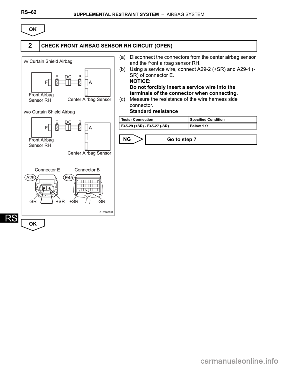 TOYOTA RAV4 2006 Service Repair Manual RS–62SUPPLEMENTAL RESTRAINT SYSTEM – AIRBAG SYSTEM
RS
OK
(a) Disconnect the connectors from the center airbag sensor
and the front airbag sensor RH.
(b) Using a service wire, connect A29-2 (+SR TOYOTA RAV4 2006 Service Repair Manual RS–62SUPPLEMENTAL RESTRAINT SYSTEM – AIRBAG SYSTEM
RS
OK
(a) Disconnect the connectors from the center airbag sensor
and the front airbag sensor RH.
(b) Using a service wire, connect A29-2 (+SR